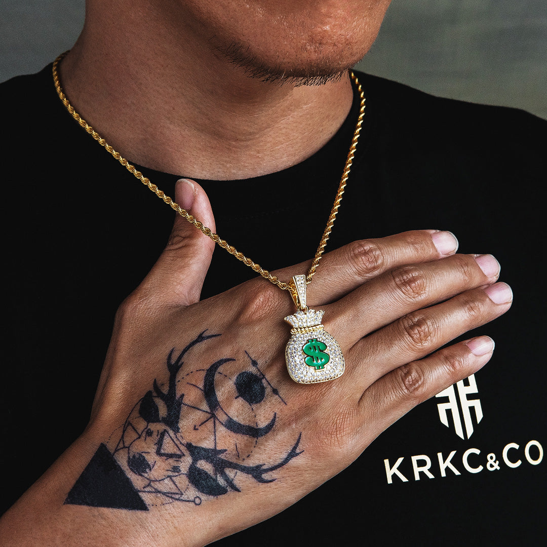 KRKC Iced Out Money Bag Mens Pendant Necklace in 14K Gold