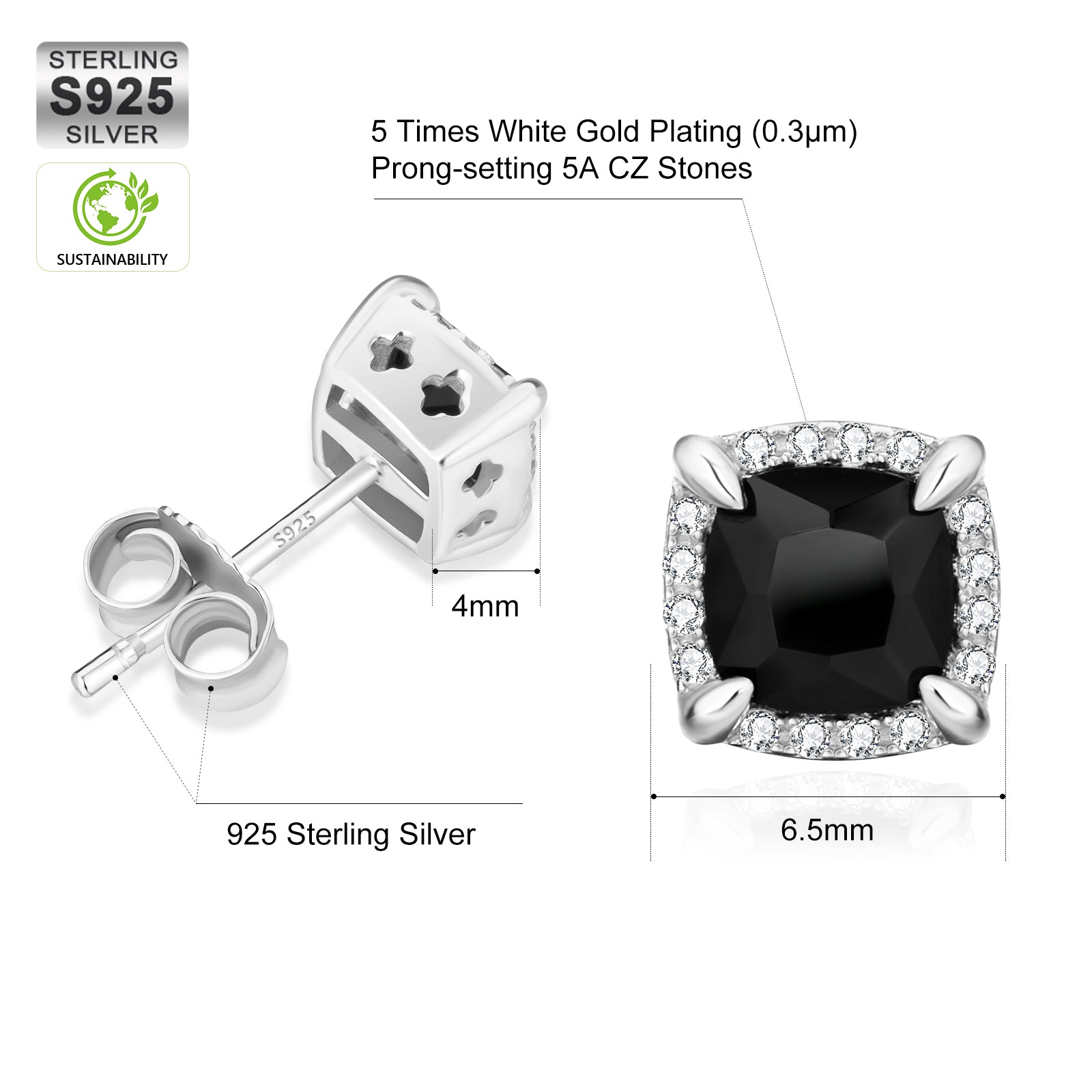 Square Black CZ Prong Setting Stud Earrings for Men