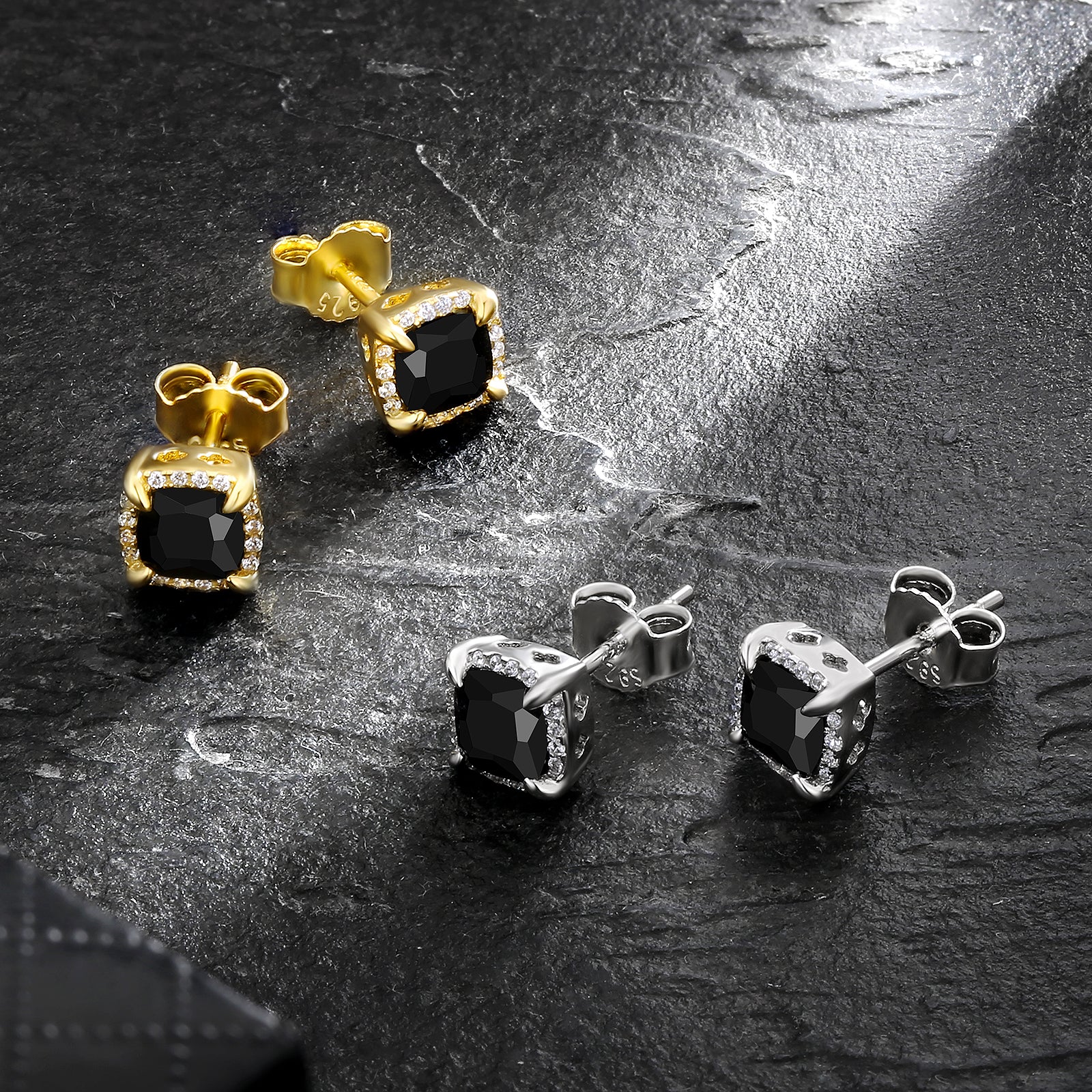 Square Black CZ Prong Setting Stud Earrings for Men