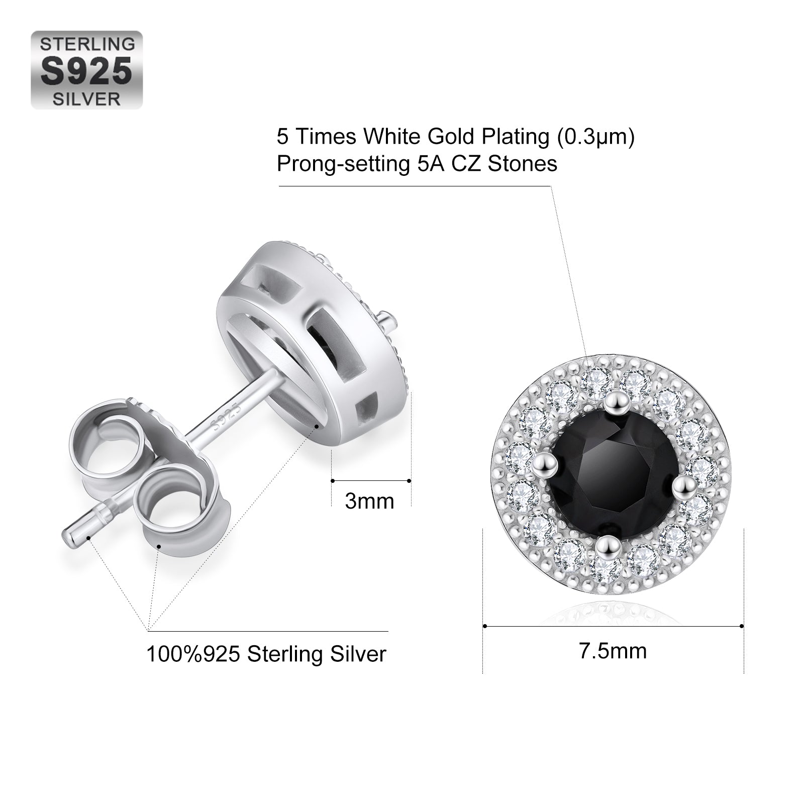 7.5mm Black Round Iced Stud Earrings for Men