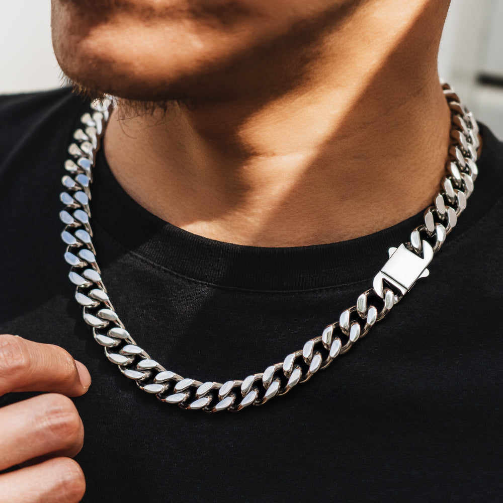 NEW | 12mm Curb Chain Necklace with Hook Buckle Clasp in White Gold/18K Gold