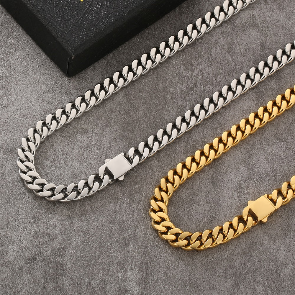 NEW | 8mm Curb Chain Necklace with Hook Buckle Clasp in White Gold/18K Gold