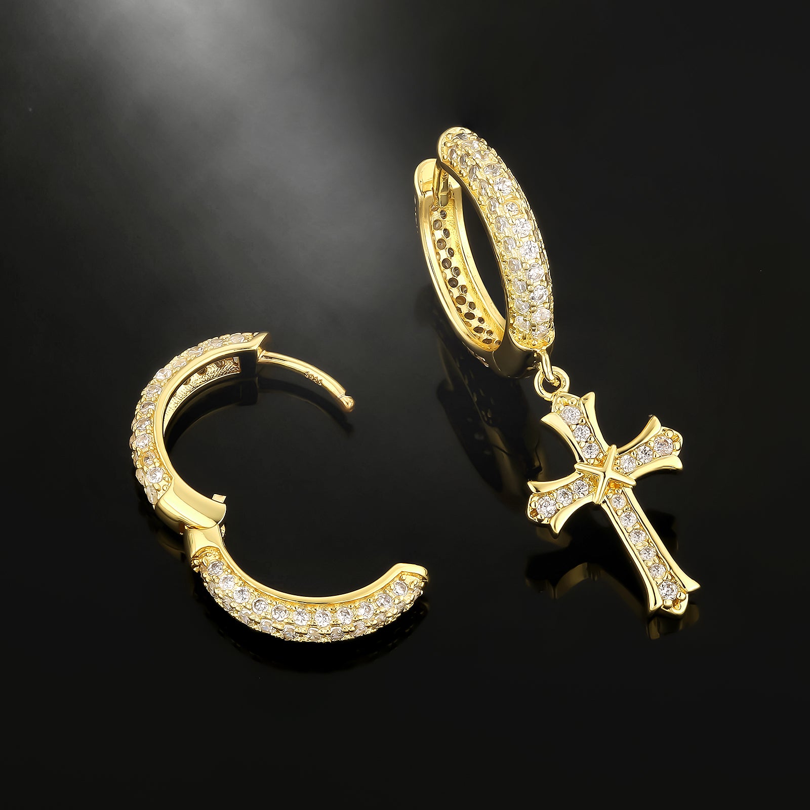 Asymmetric Hoop Earrings for Men with CZ Dangle Cross