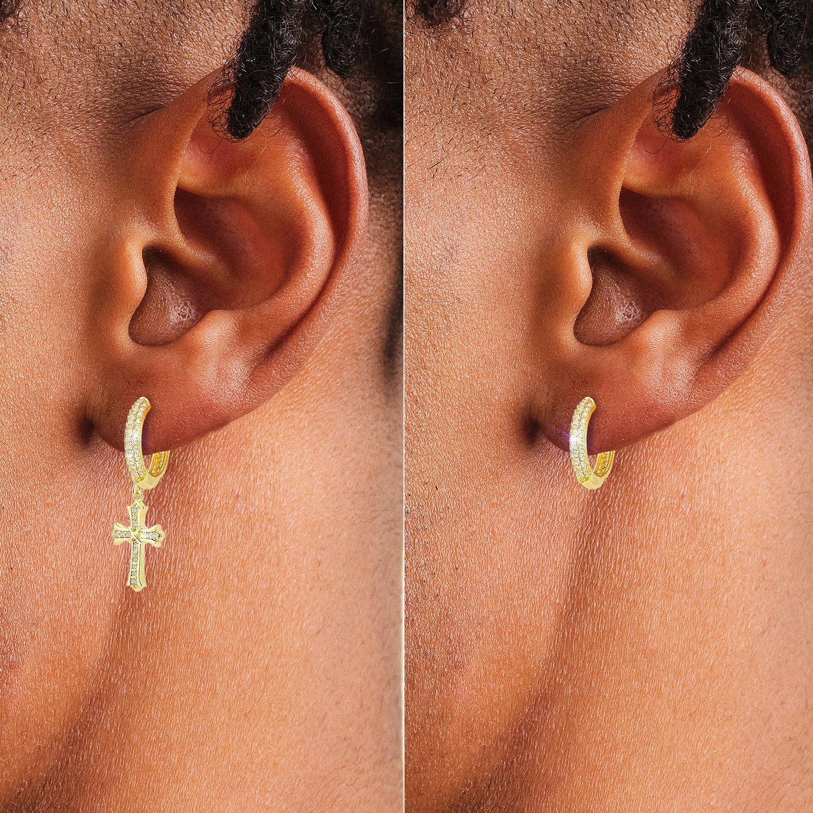 Asymmetric Hoop Earrings for Men with CZ Dangle Cross