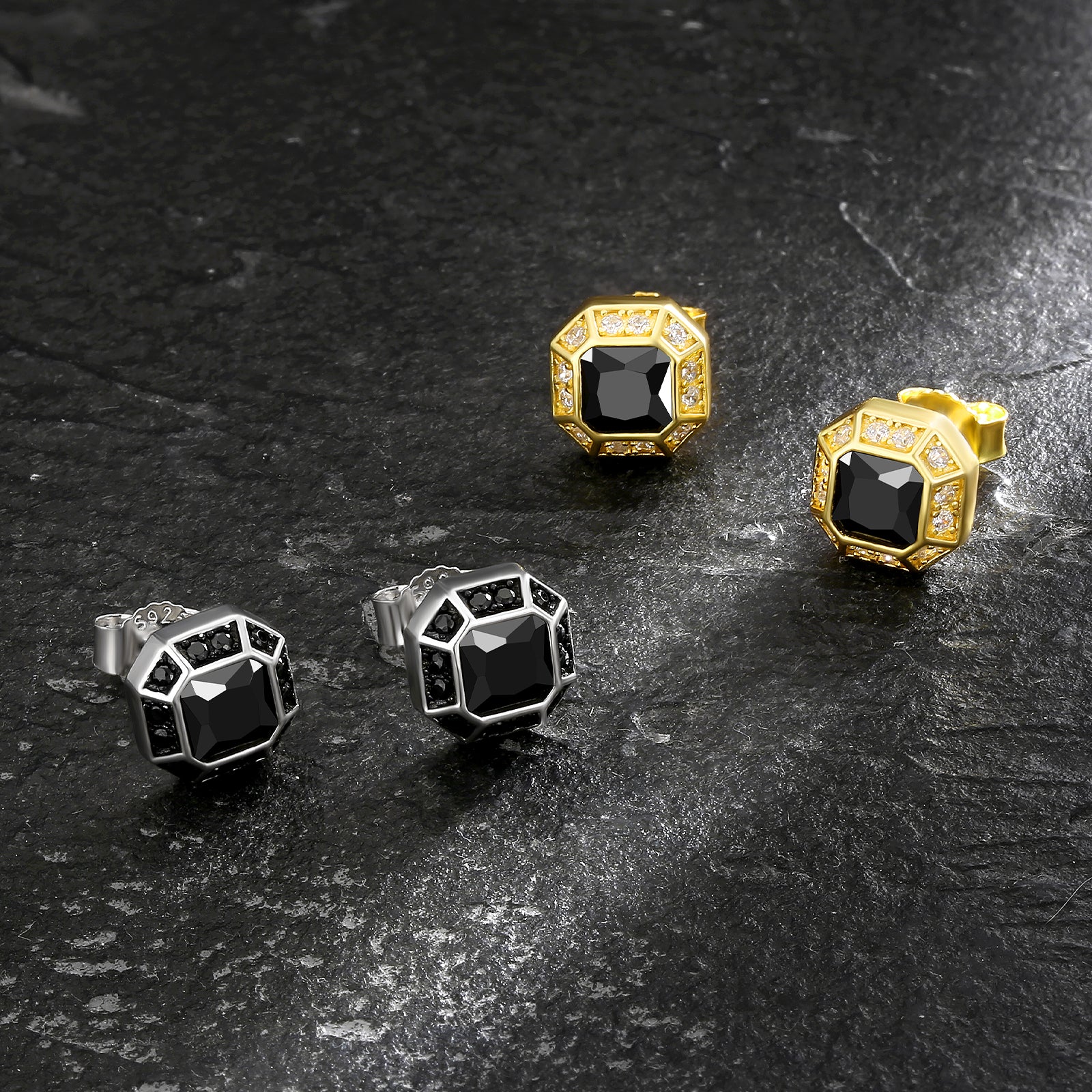 Octagon Black CZ Iced Stud Earrings for Men