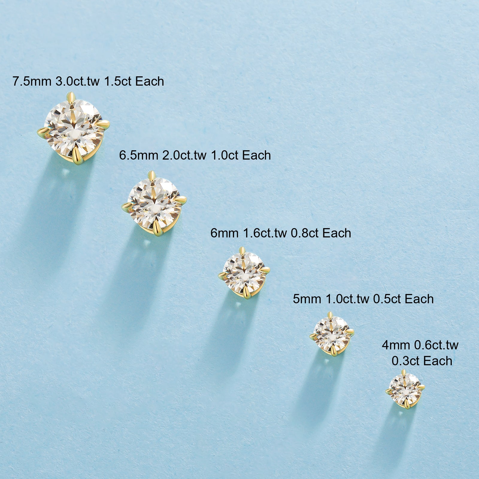 0.3/0.5/0.8/1/1.5 Carats *2 Round 4-Prong Setting Excellent VVS1 Moissanite Earrings 0201