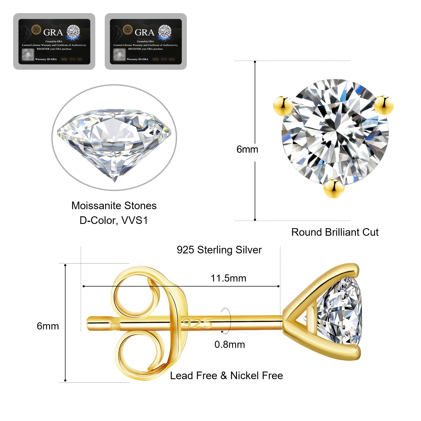 0.3/0.5/0.8/1.0/1.5 Carats *2 Round 3-Prong Setting Excellent VVS1 Moissanite Earrings 0213