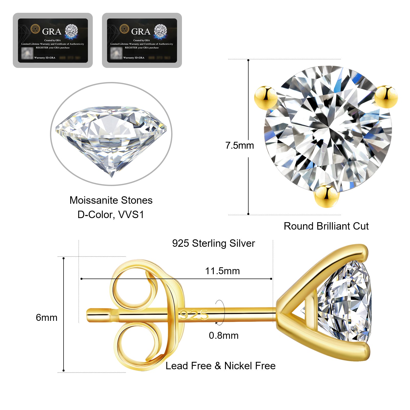 0.3/0.5/0.8/1.0/1.5 Carats *2 Round 3-Prong Setting Excellent VVS1 Moissanite Earrings 0213