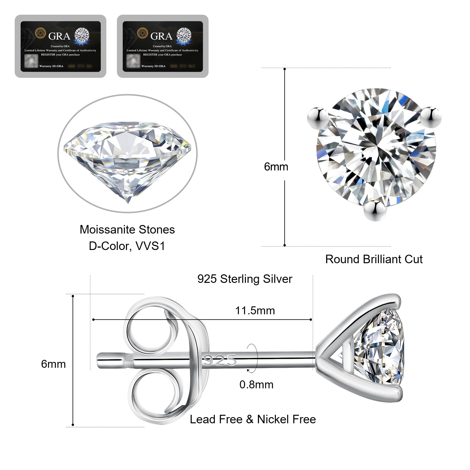 0.3/0.5/0.8/1.0/1.5 Carats *2 Round 3-Prong Setting Excellent VVS1 Moissanite Earrings 0213