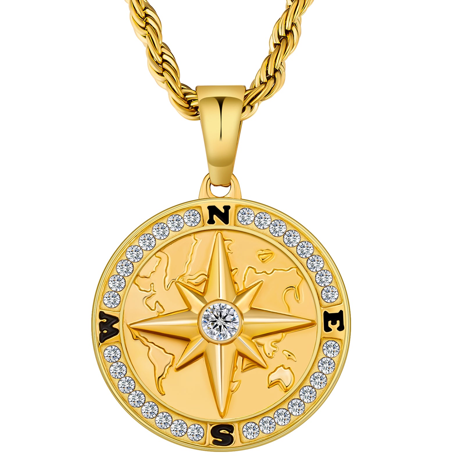 KRKC&CO Mens Coin Pendant Necklace, Compass 18K Gold Plated