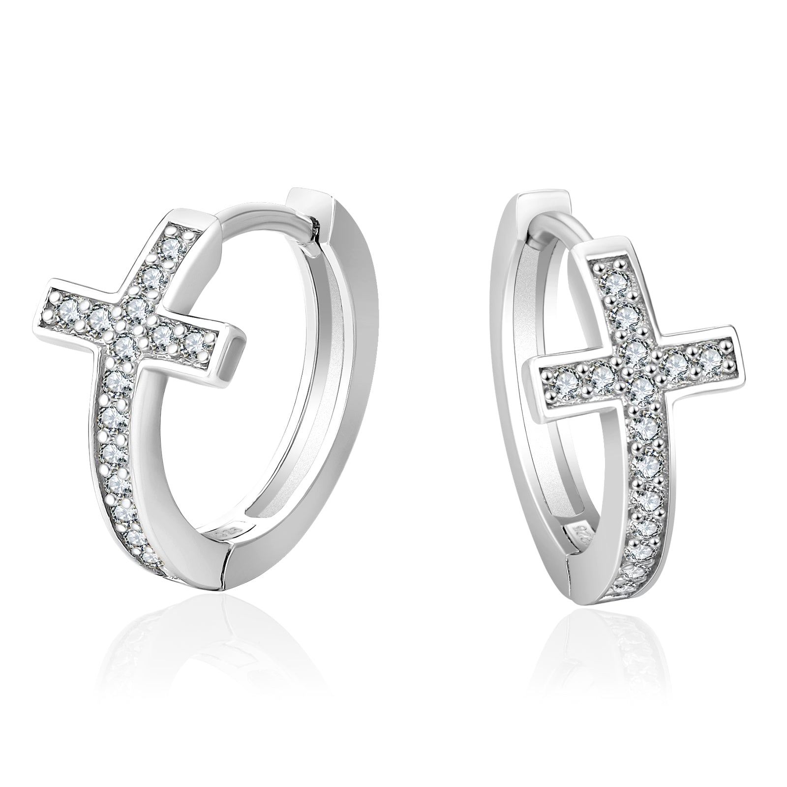 15mm Iced Cross Hoop Earrings 925 Sterling Silver