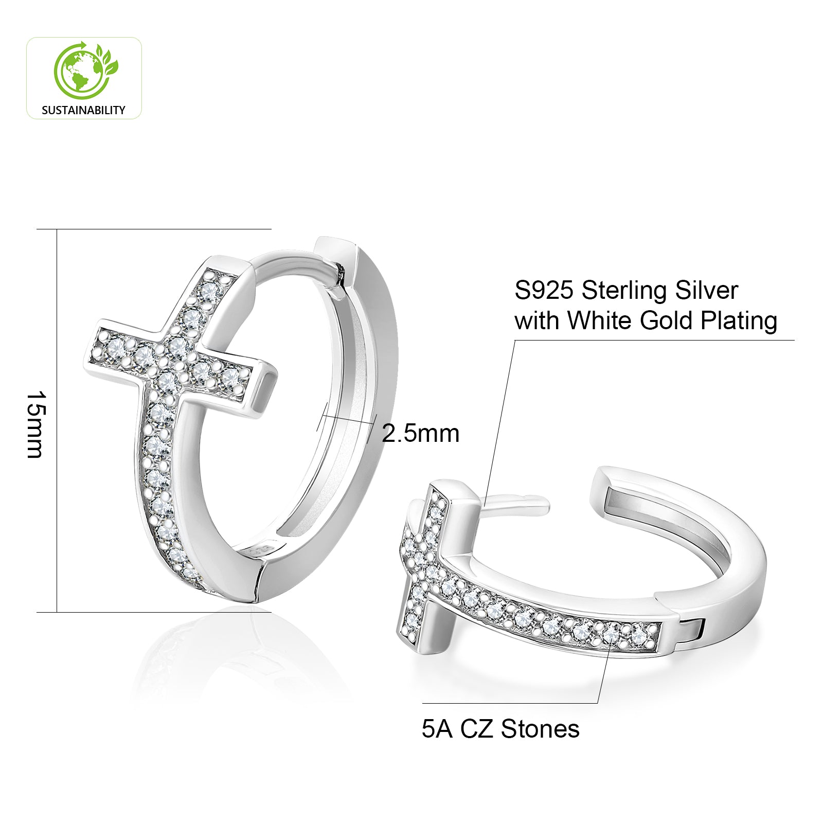 15mm Iced Cross Hoop Earrings 925 Sterling Silver