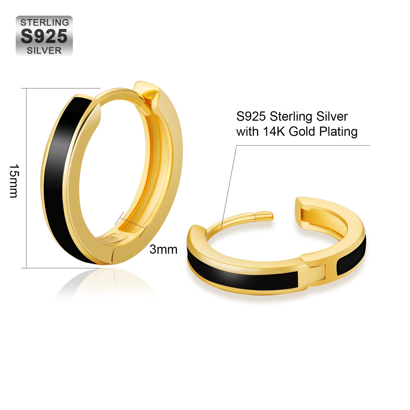 15mm Sleek Black Hoop Earrings for Men