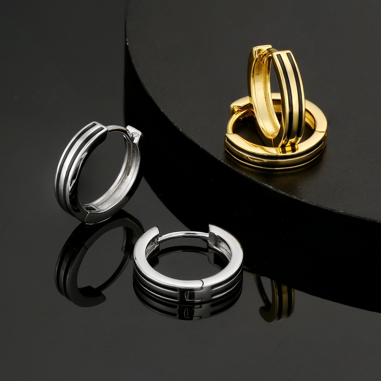 15mm Sleek Black Stripe Hoop Earrings for Men