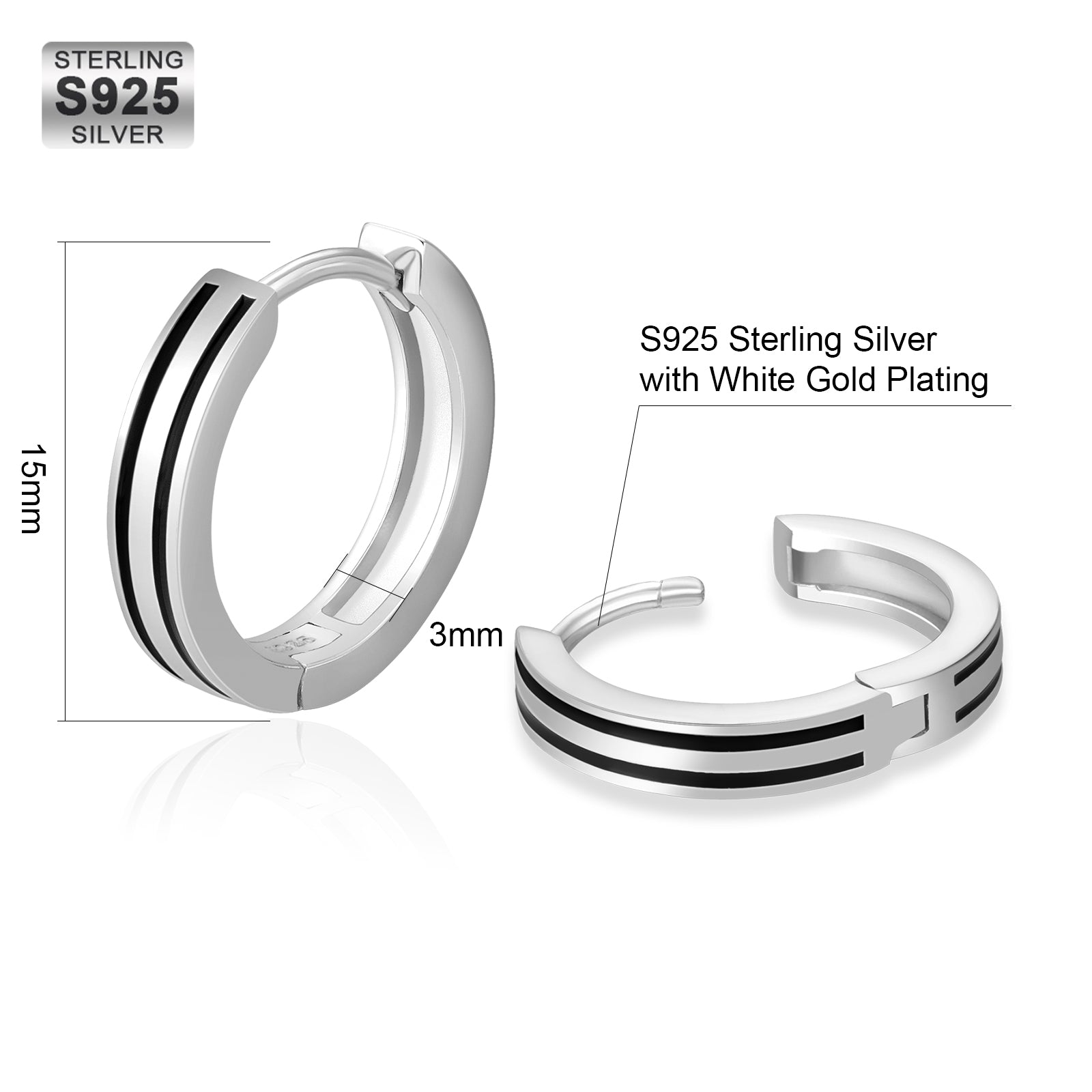 15mm Sleek Black Stripe Hoop Earrings for Men