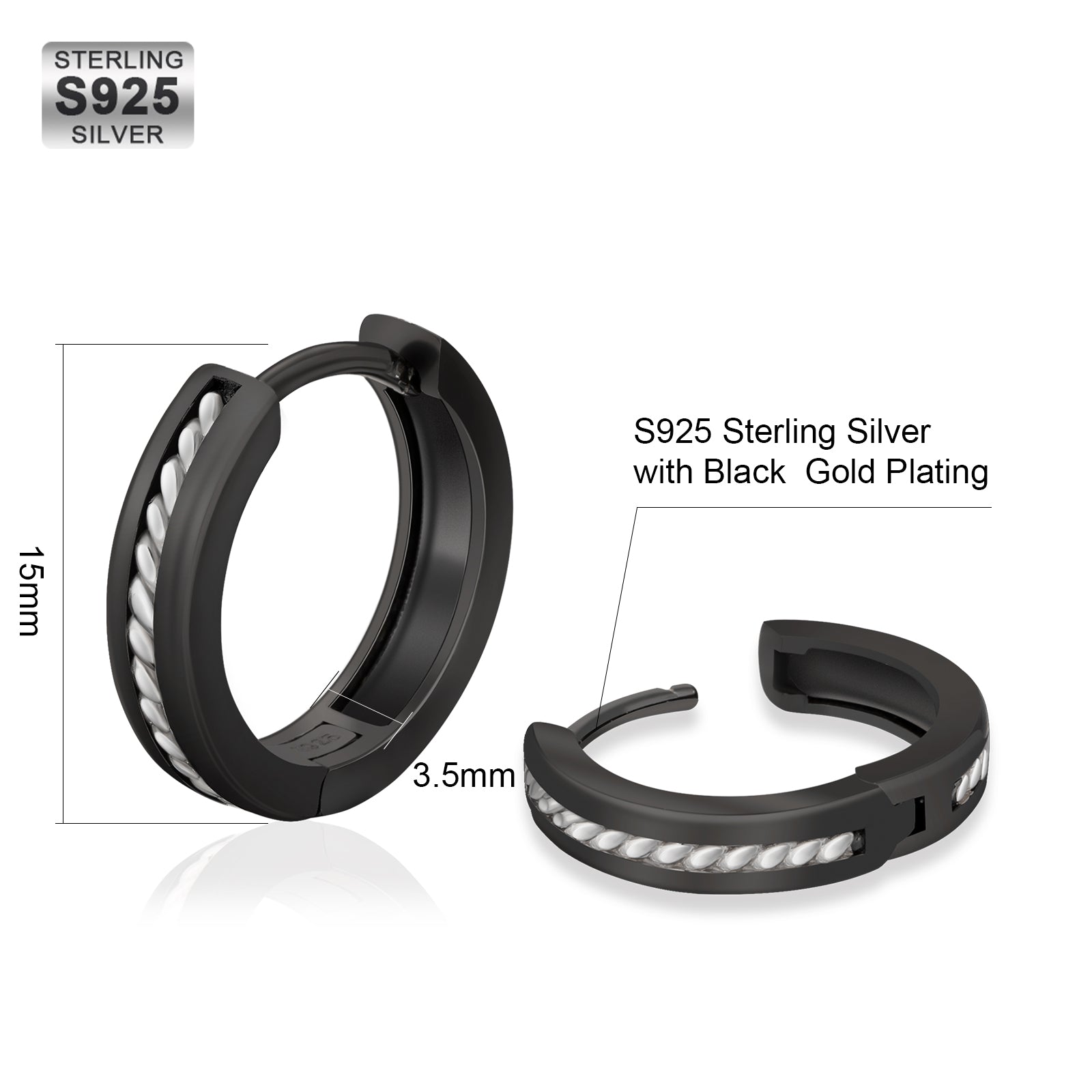 15mm Black & White Hoop Earrings for Men