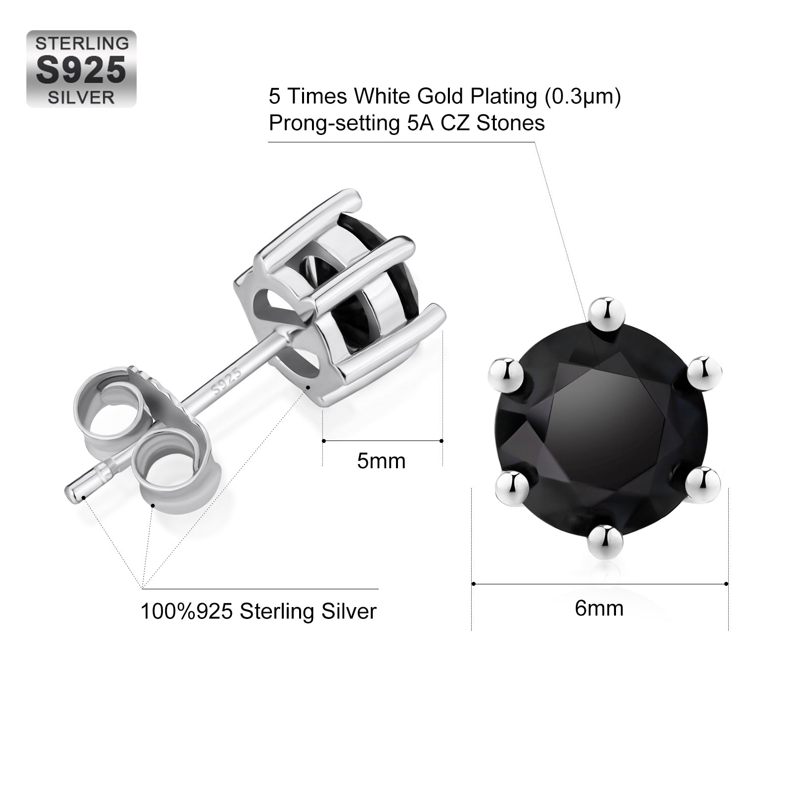 6mm Black CZ Stone Round Iced Stud Earrings for Men in 14K Gold/ White Gold