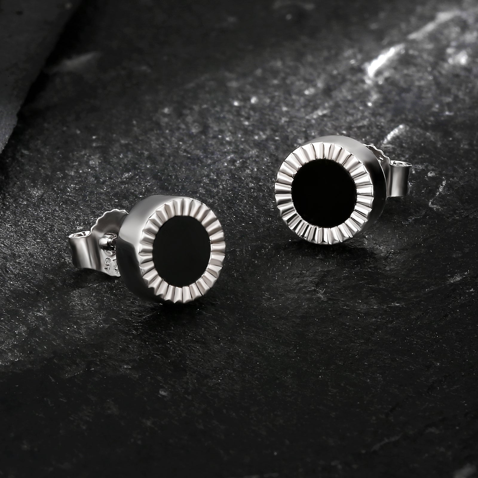 8mm Black Agate Round Iced Stud Earrings for Men