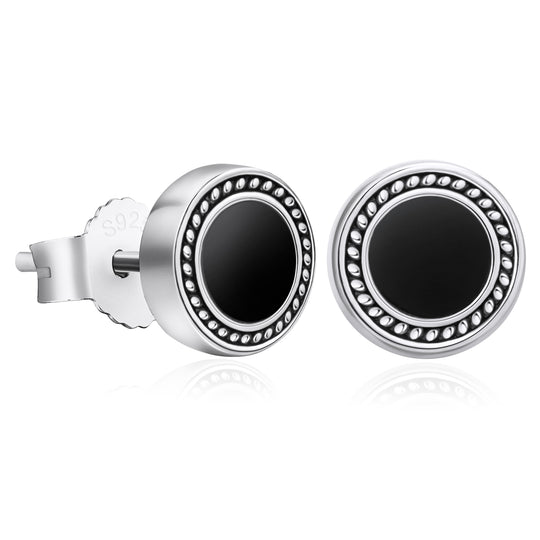 8mm Radial Black Agate Round Iced Stud Earrings for Men