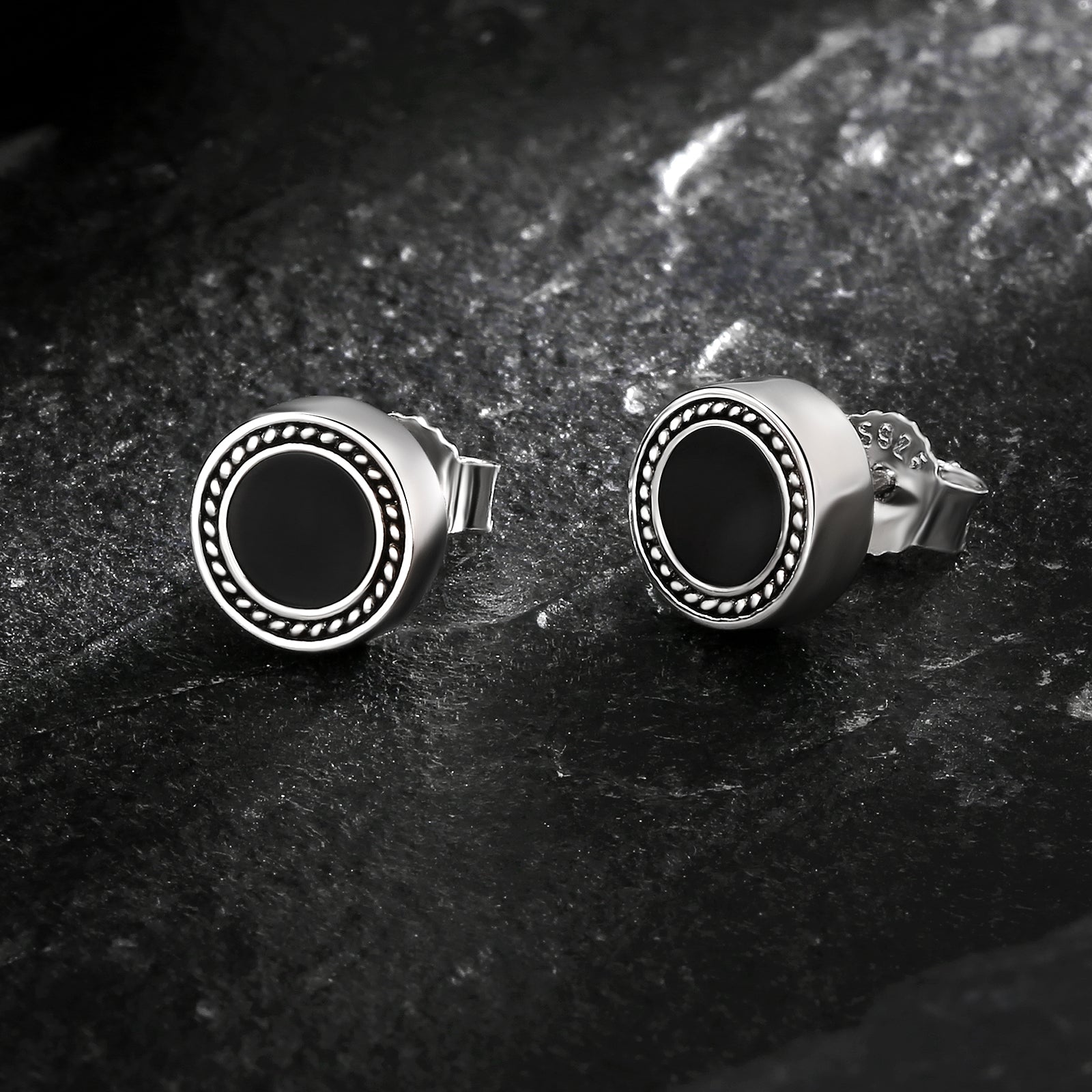 8mm Radial Black Agate Round Iced Stud Earrings for Men