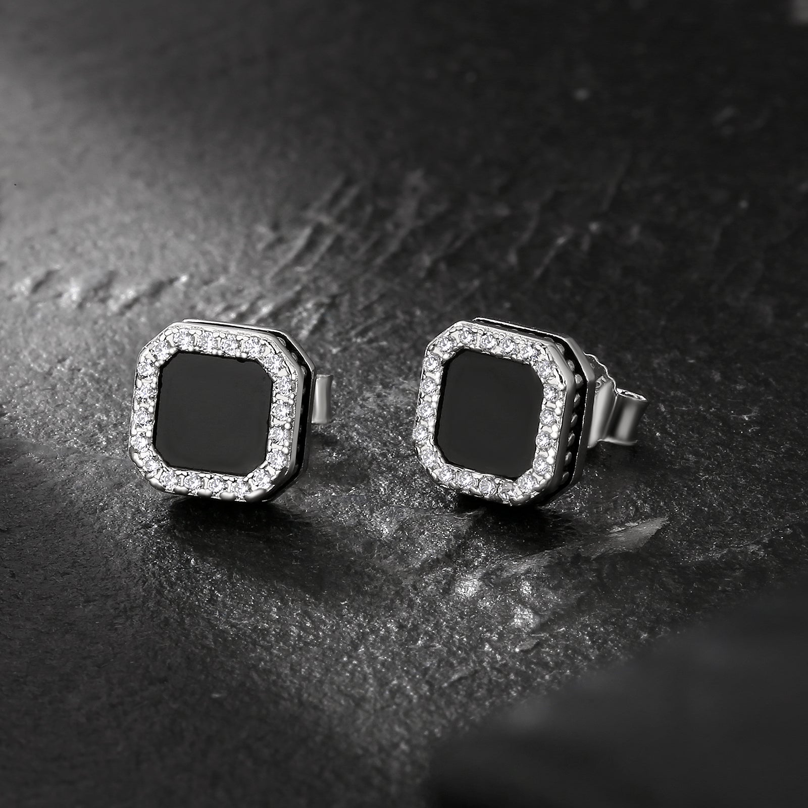 Square Black Iced CZ Stud Earrings for Men