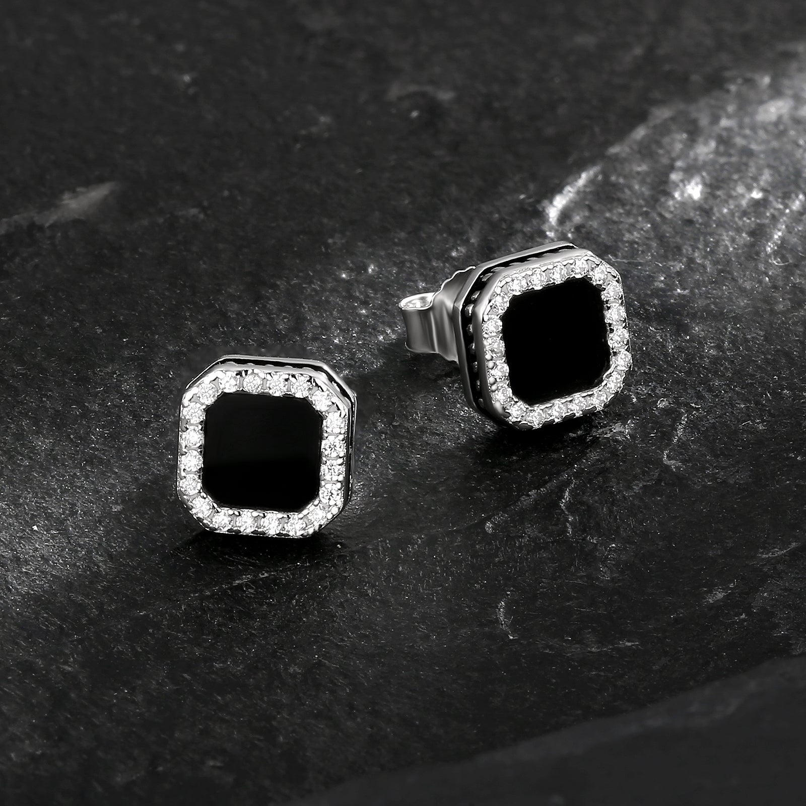 Square Black Iced CZ Stud Earrings for Men