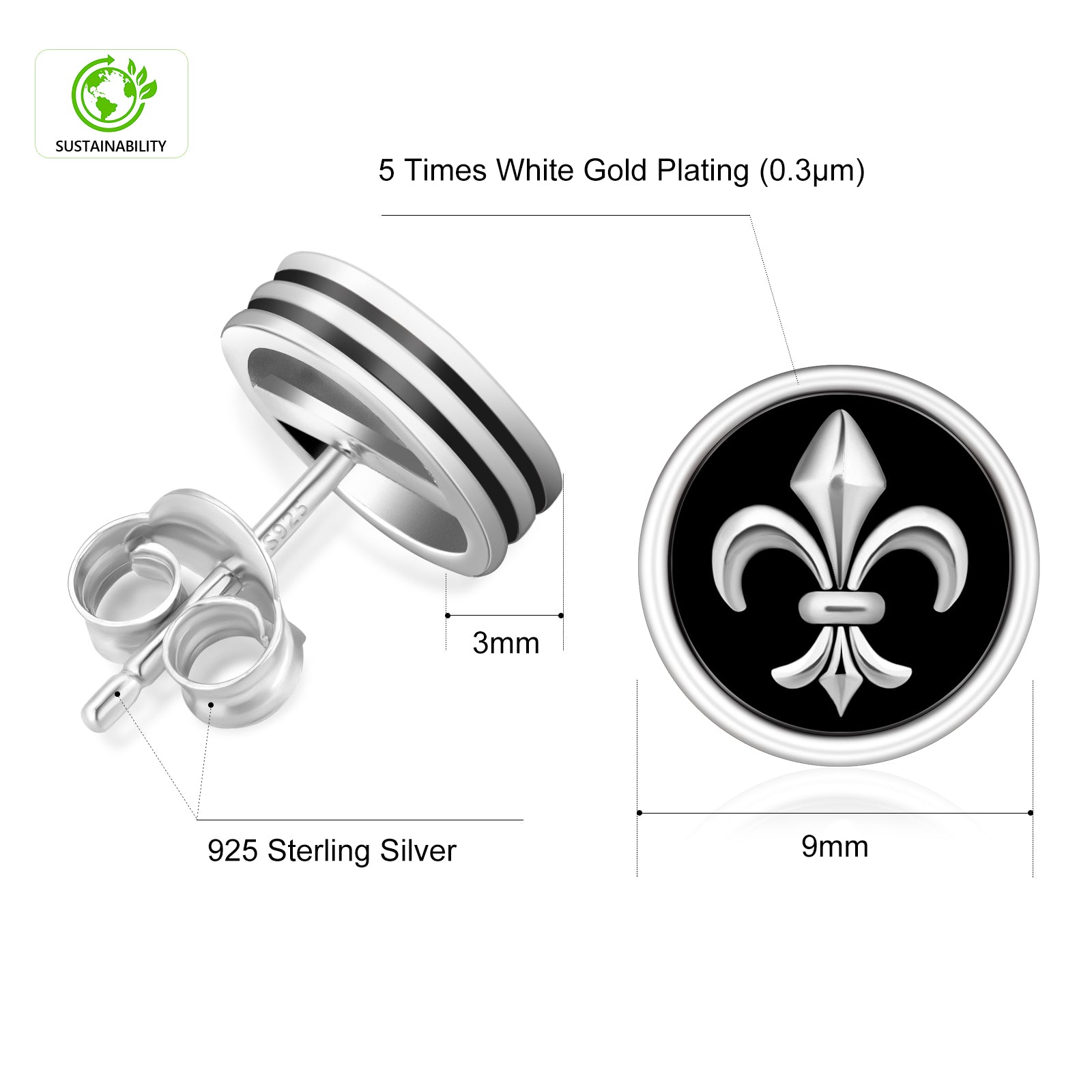 9mm Fleur de lis Black Stud Earrings for Men