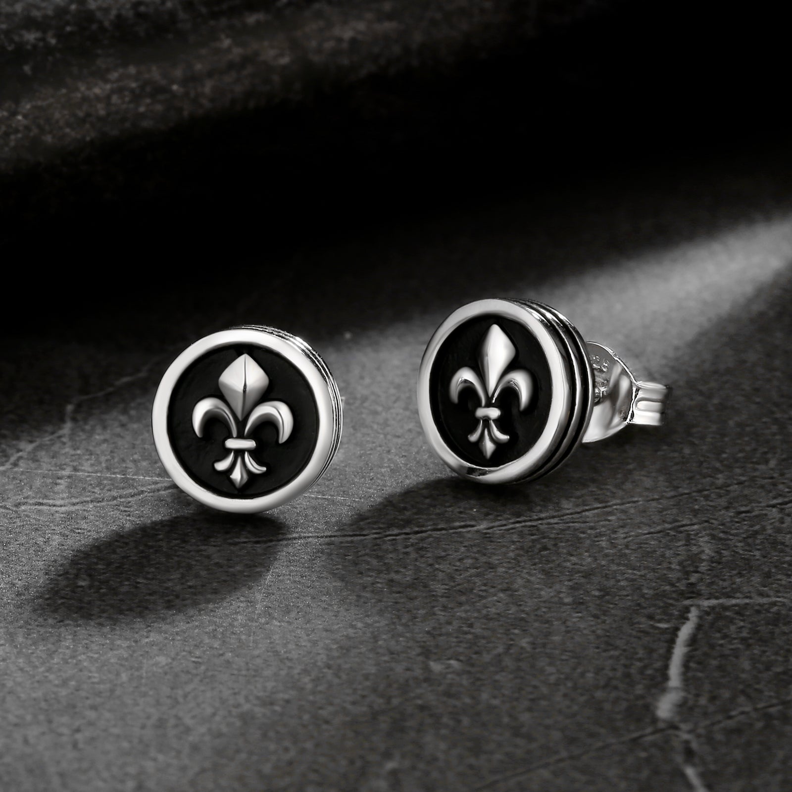 9mm Fleur de lis Black Stud Earrings for Men