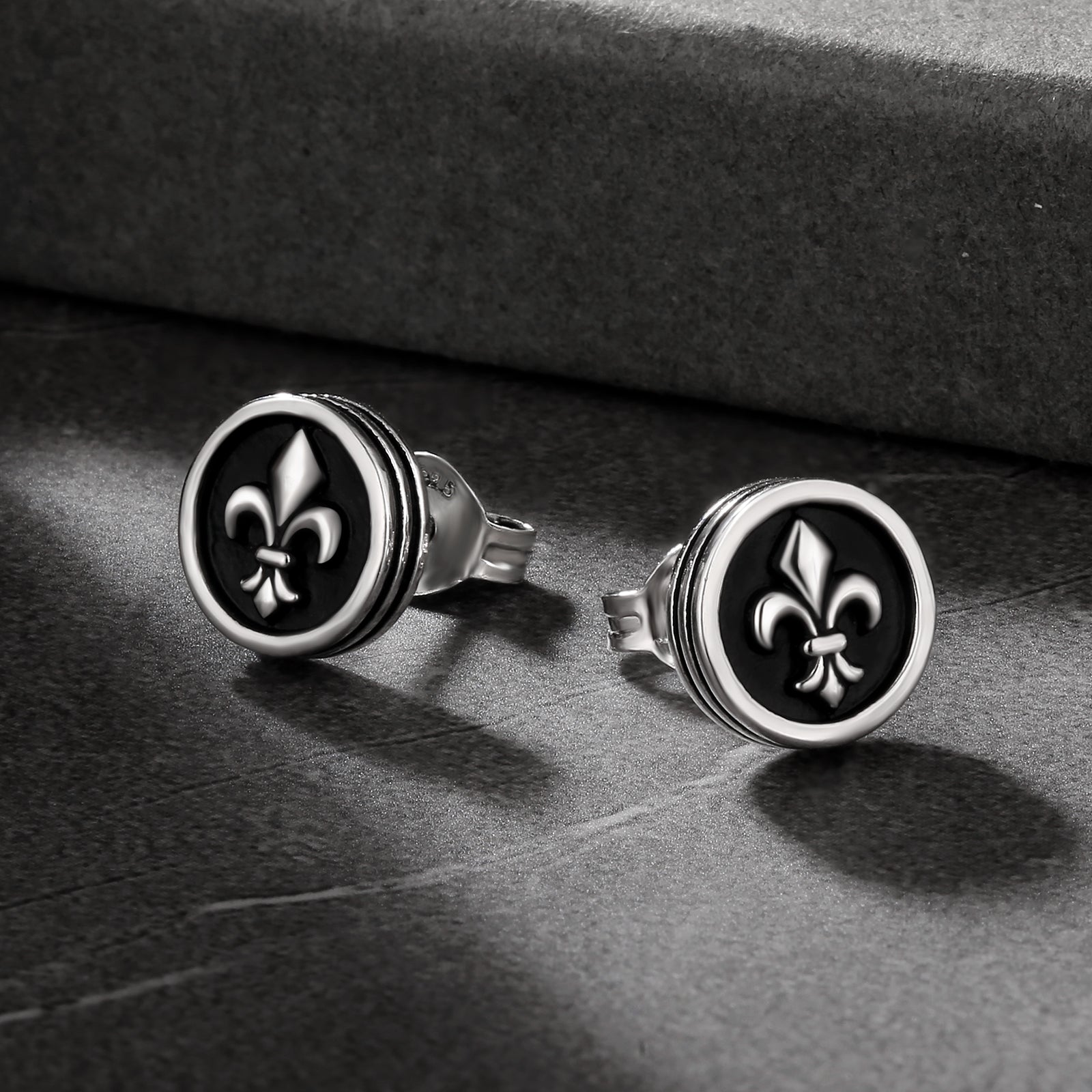 9mm Fleur de lis Black Stud Earrings for Men