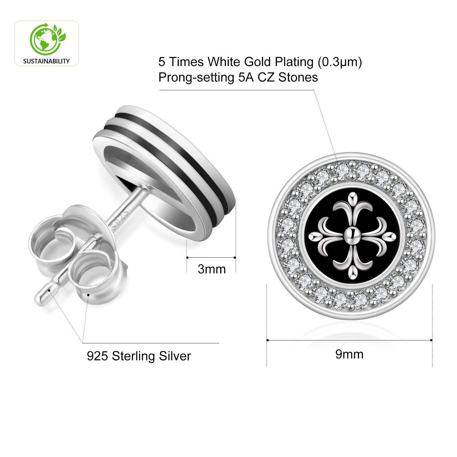 9mm Cross Fleur de lis Iced Diamond CZ Stud Earrings for Men