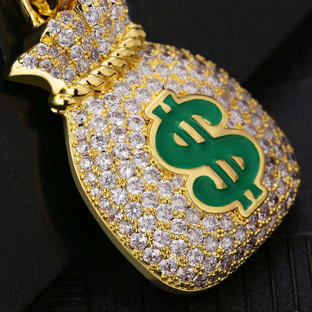 KRKC Iced Out Money Bag Mens Pendant Necklace in 14K Gold