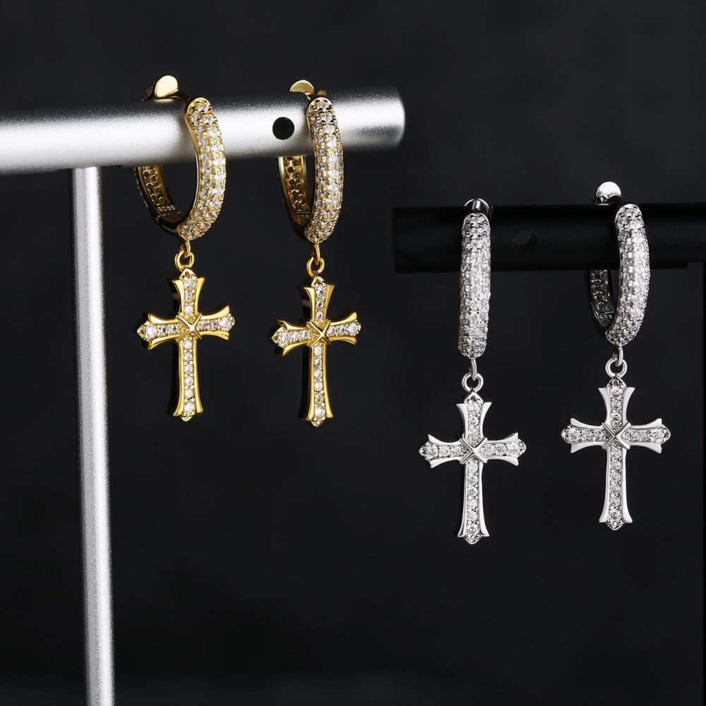 Iced Out Hoop Earrings for Men with Diamond Dangle Cross