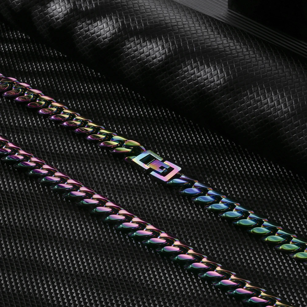 KRKC 10mm Rainbow Miami Cuban Link Chain and Bracelet Set For Women