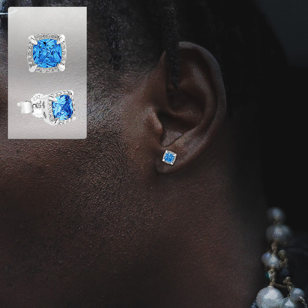 Princess Cut Diamond Stud Mens Earrings 925 Silver Blue/Gold/White-KRKC