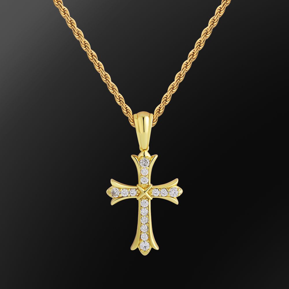 Iced Out Iris Mens Gold Cross Necklace in White Gold KRKC
