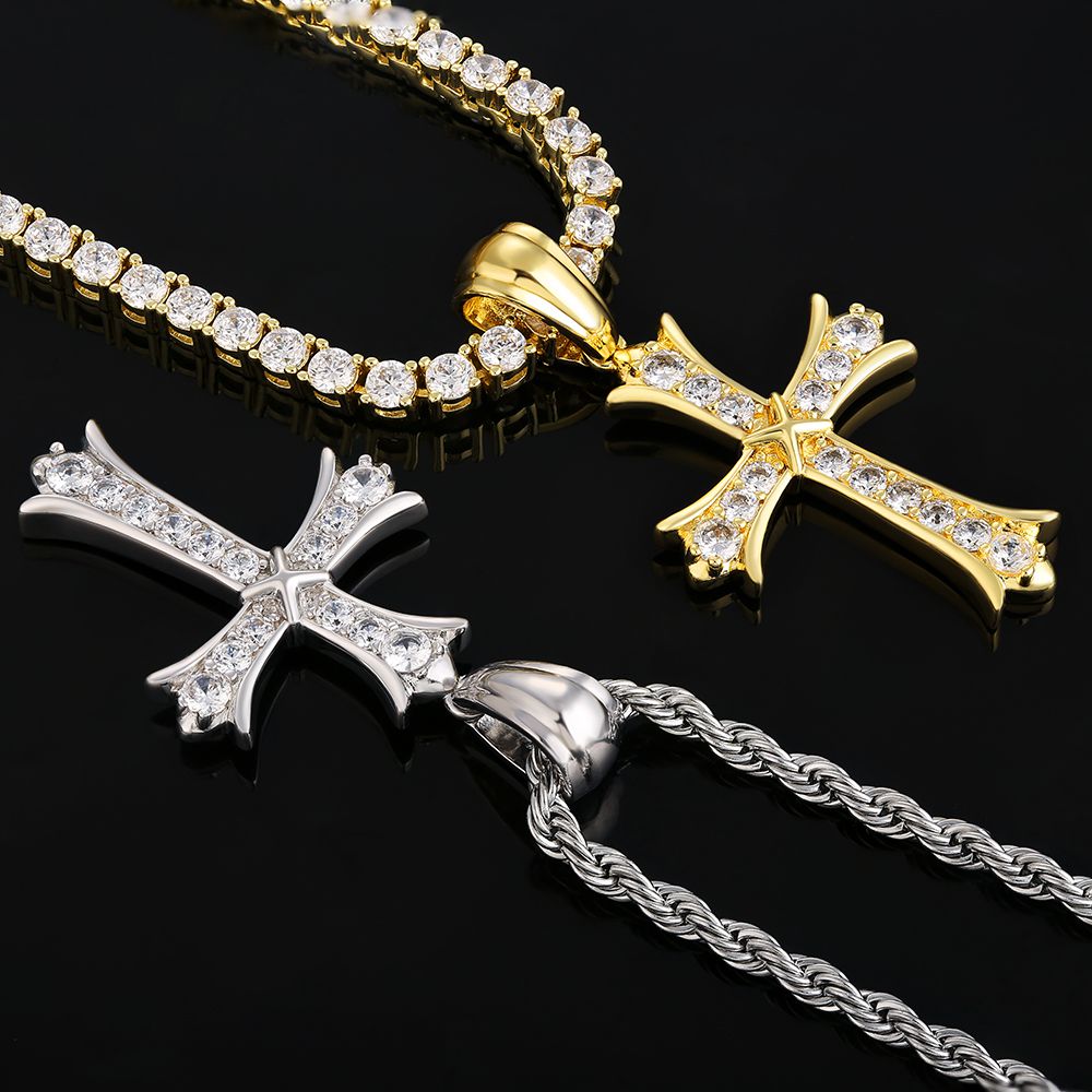Iced Out Iris Mens Gold Cross Necklace in White Gold KRKC