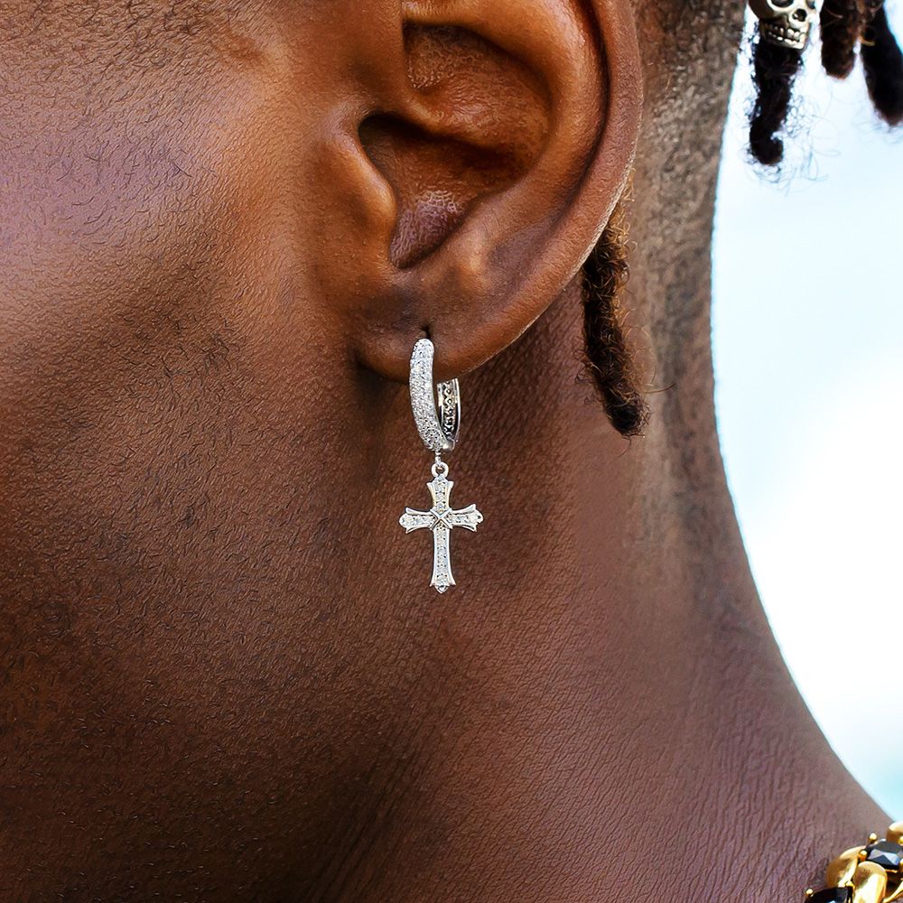 Iced Out Hoop Earrings for Men with Diamond Dangle Cross