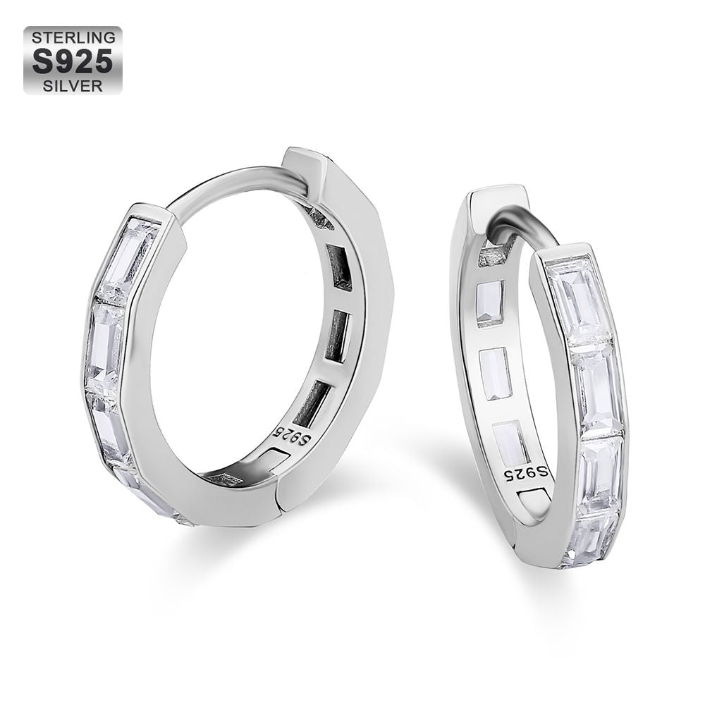 Rectangular Diamond Sterling Silver Hoop Earrings for Men KRKC