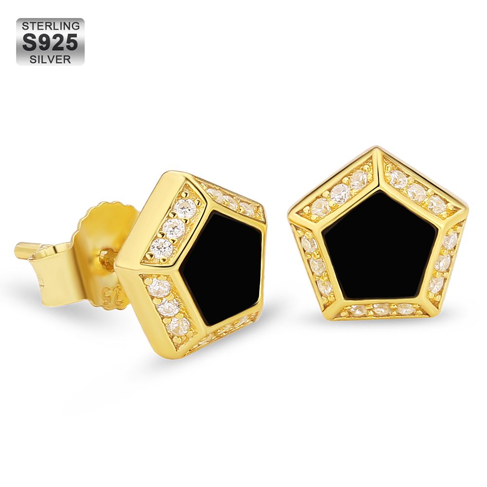 Pentagon Black Onyx Diamond Stud Earrings for Men KRKC