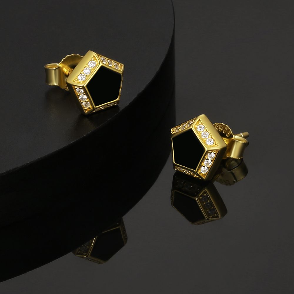 Pentagon Black Onyx Diamond Stud Earrings for Men KRKC