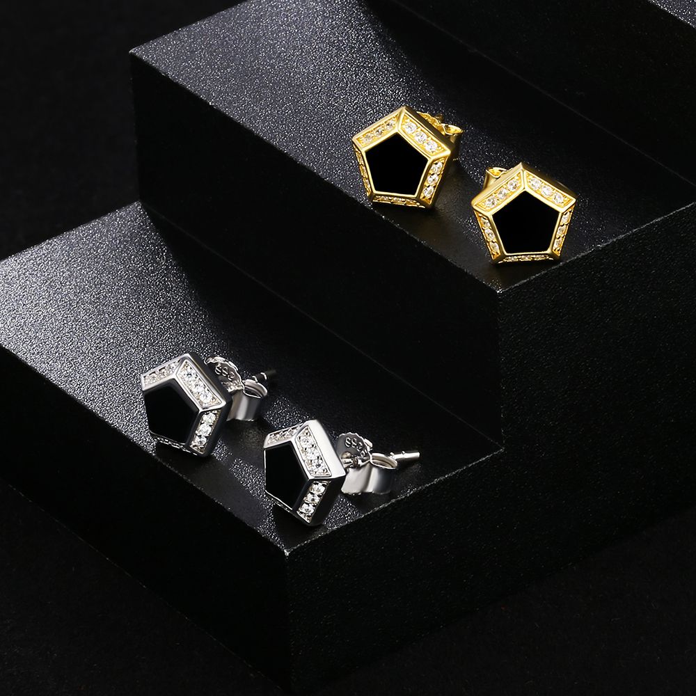 Pentagon Black Onyx Diamond Stud Earrings for Men KRKC