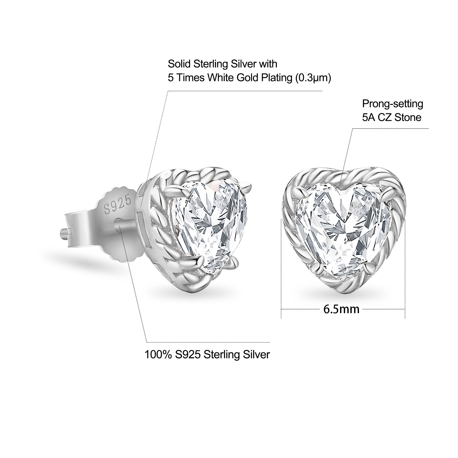 Twisted Heart-shaped Stud Earrings CZ Stone for Men and Women in 14K Gold / White Gold