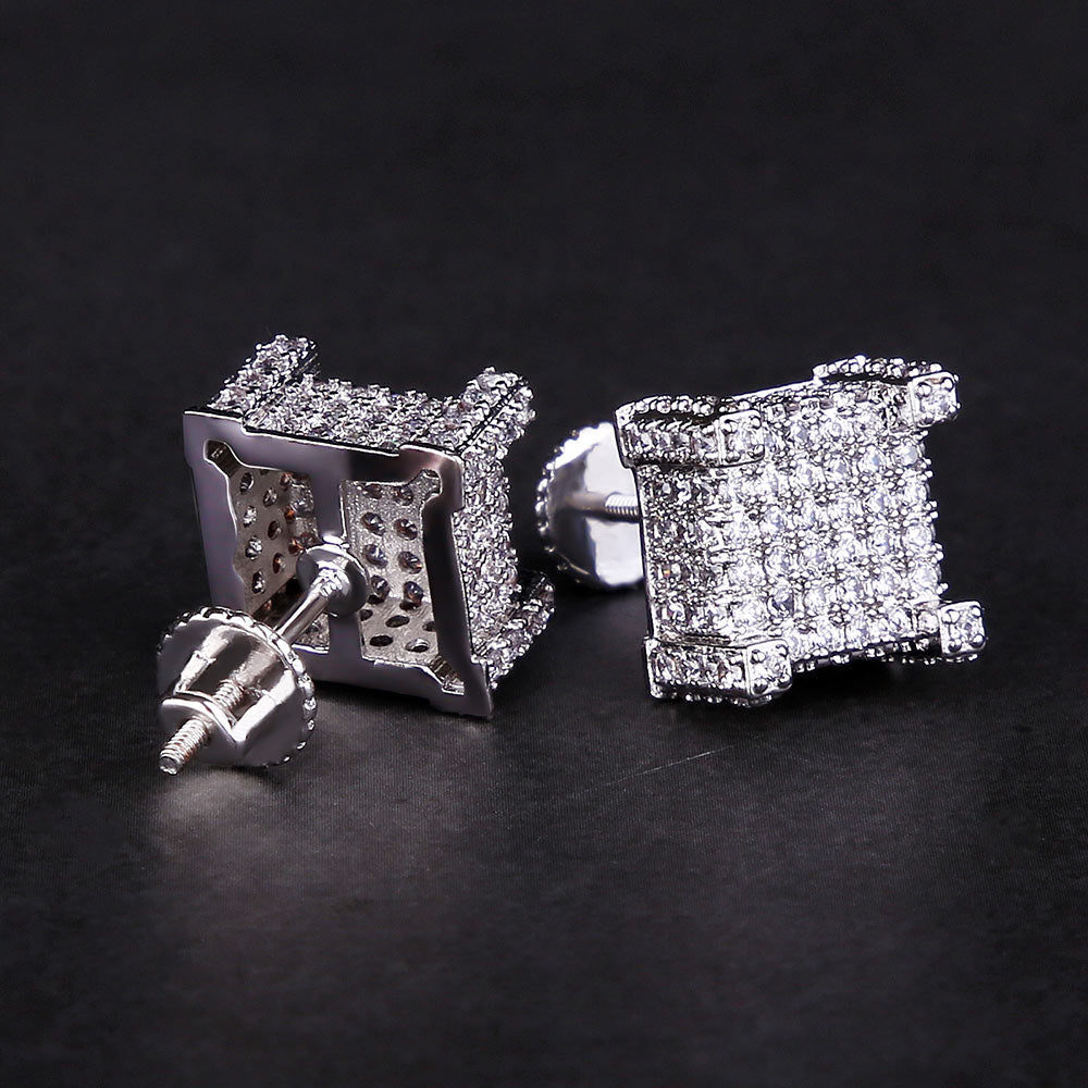 10mm Iced Out Stud Earrings Hip-Hop Men's in White Gold/14K Gold