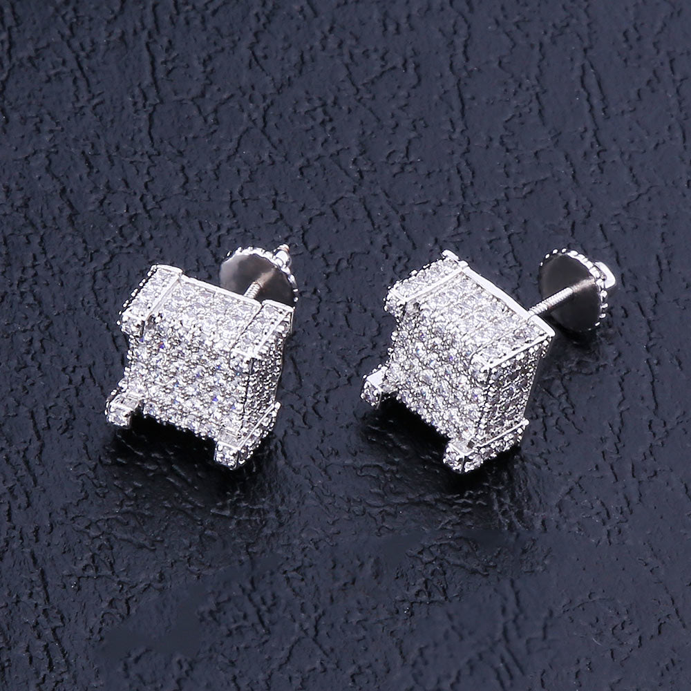 10mm Iced Out Stud Earrings Hip-Hop Men's in White Gold/14K Gold