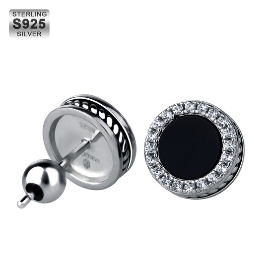 Black Onyx Iced Round Stud Earrings in 925 Sterling Silver-krkcom