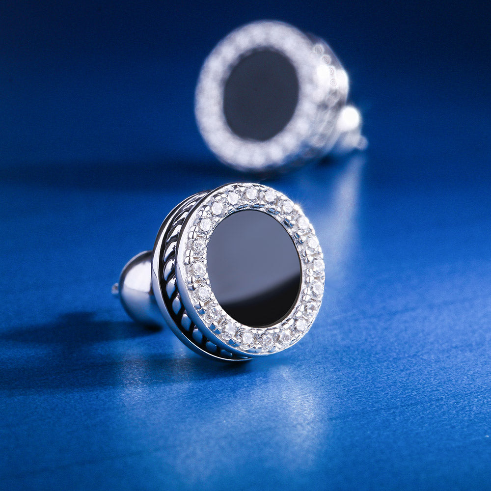 Black Onyx Iced Round Stud Earrings in 925 Sterling Silver-krkcom