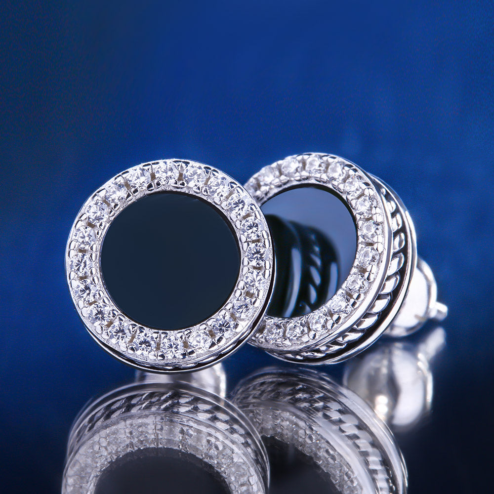 Black Onyx Iced Round Stud Earrings in 925 Sterling Silver-krkcom