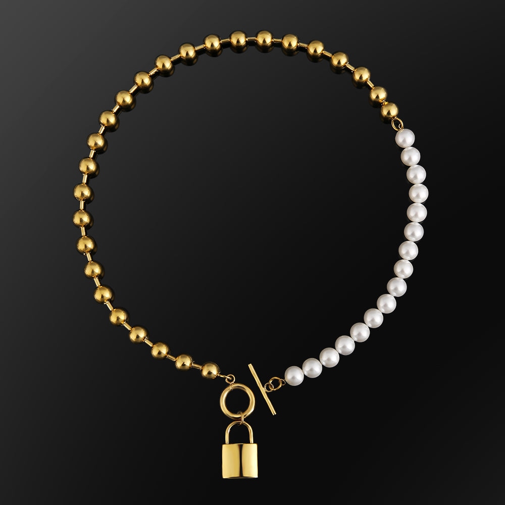 Women Pearl Necklace +Bead Chain with Lock Pendant White Gold/Yellow Gold