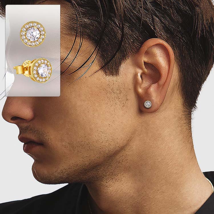 Round Iced Sterling Silver Stud Earrings for Men in White Gold/14K Gold KRKC
