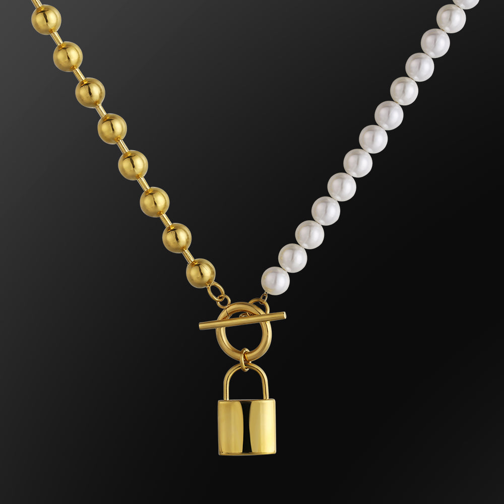 Women Pearl Necklace +Bead Chain with Lock Pendant White Gold/Yellow Gold